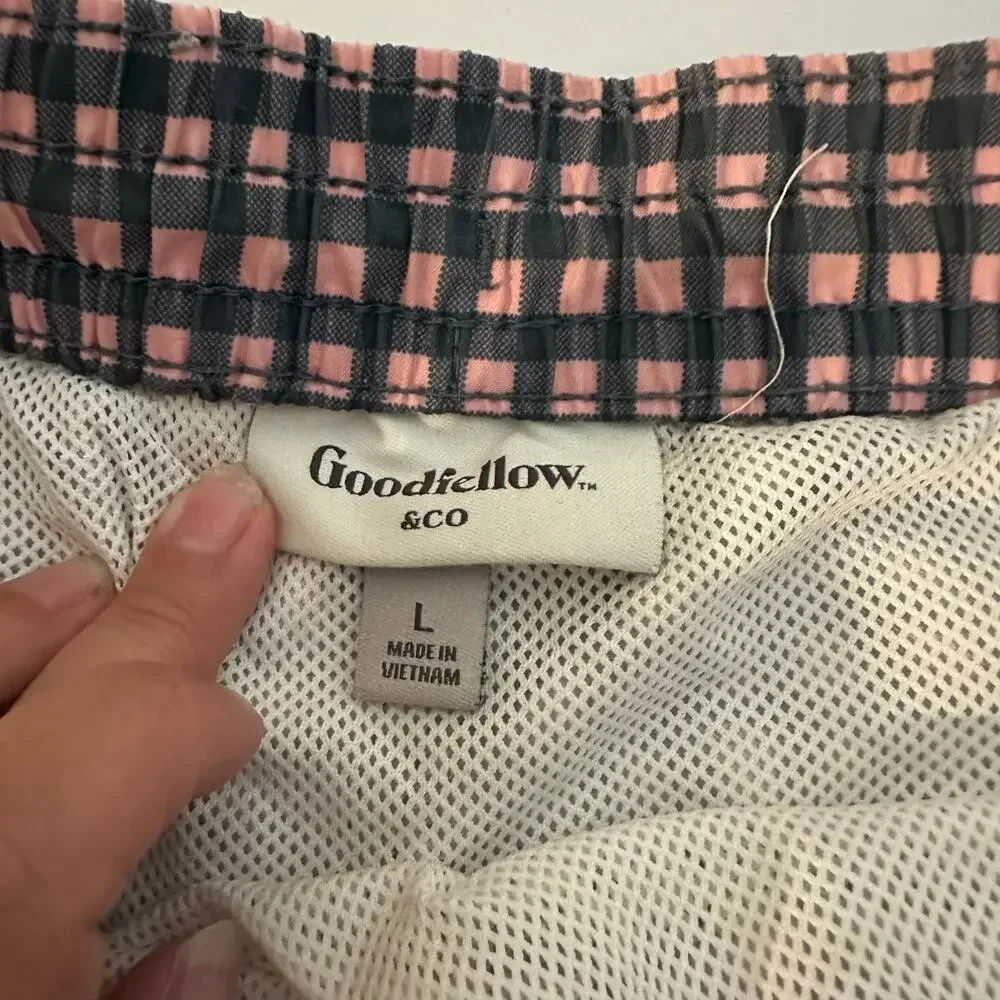 Goodfellow Men's Pink Navy Blue Check Plaid Gingham Swim Trunks Size Large